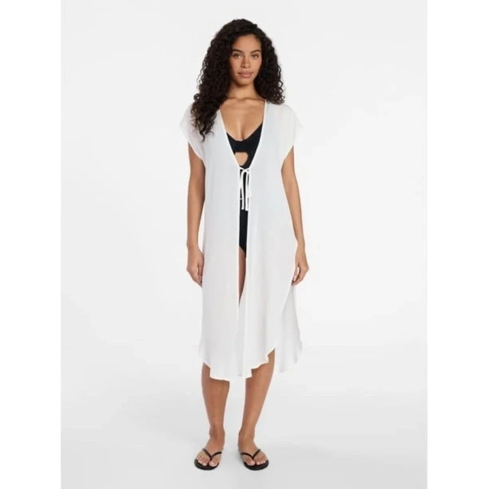 Coastal White Crinkle Rayon Beachwear Swim Cover Up Tie NEW Kimono XXL-XXXL